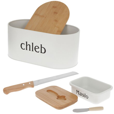 Ocelový chlebník + NÁDOBA NA MÁSLO S NOŽEM + NŮŽ NA CHLEBA