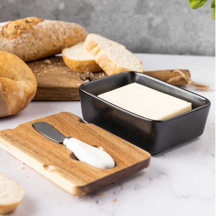 Porcelánová miska na máslo s nožem černá