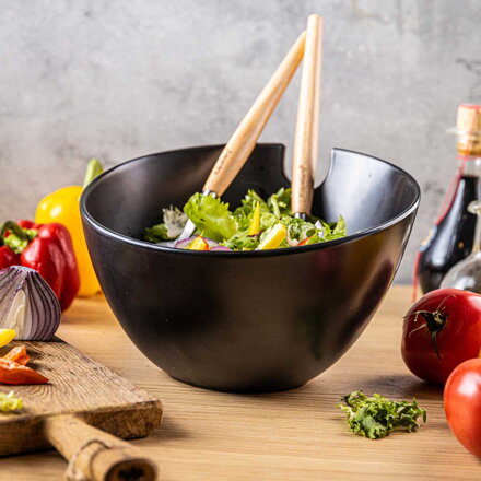 ČERNÁ PORCELANOVÁ SALÁTOVÁ MÍSA S PŘÍBOREM