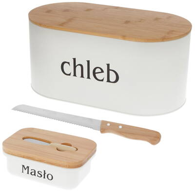 Ocelový chlebník + NÁDOBA NA MÁSLO S NOŽEM + NŮŽ NA CHLEBA